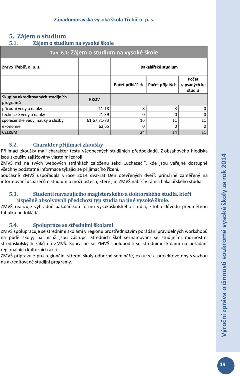 udium na vysoké škole Tab. 6.1: Zájem o st