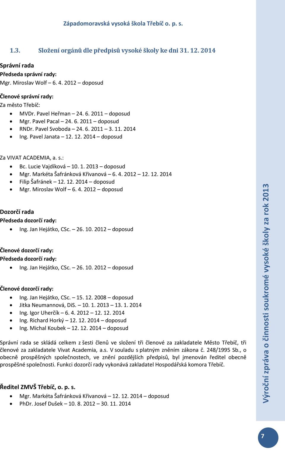 12. 2014 doposud Za VIVAT ACADEMIA, a. s.: Bc. Lucie Vajdíková 10. 1. 2013 doposud Mgr. Markéta Šafránková Křivanová 6. 4. 2012 12. 12. 2014 Filip Šafránek 12. 12. 2014 doposud Mgr. Miroslav Wolf 6.