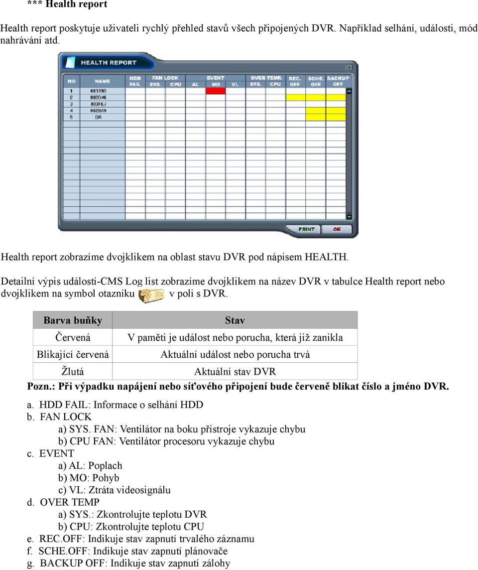 Detailní výpis událostí-cms Log list zobrazíme dvojklikem na název DVR v tabulce Health report nebo dvojklikem na symbol otazníku v poli s DVR.