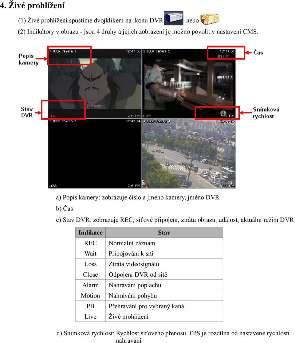 a) Popis kamery: zobrazuje číslo a jméno kamery, jméno DVR b) Čas c) Stav DVR: zobrazuje REC, síťové připojení, ztrátu obrazu, událost, aktuální režim DVR