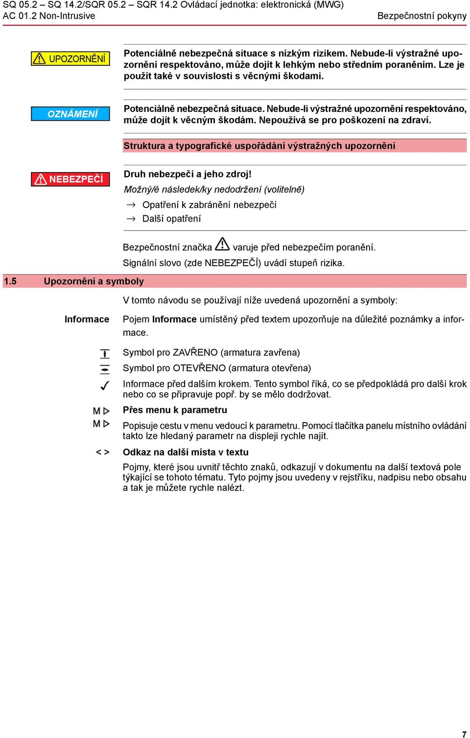 Struktura a typografické uspořádání výstražných upozornění Druh nebezpečí a jeho zdroj!