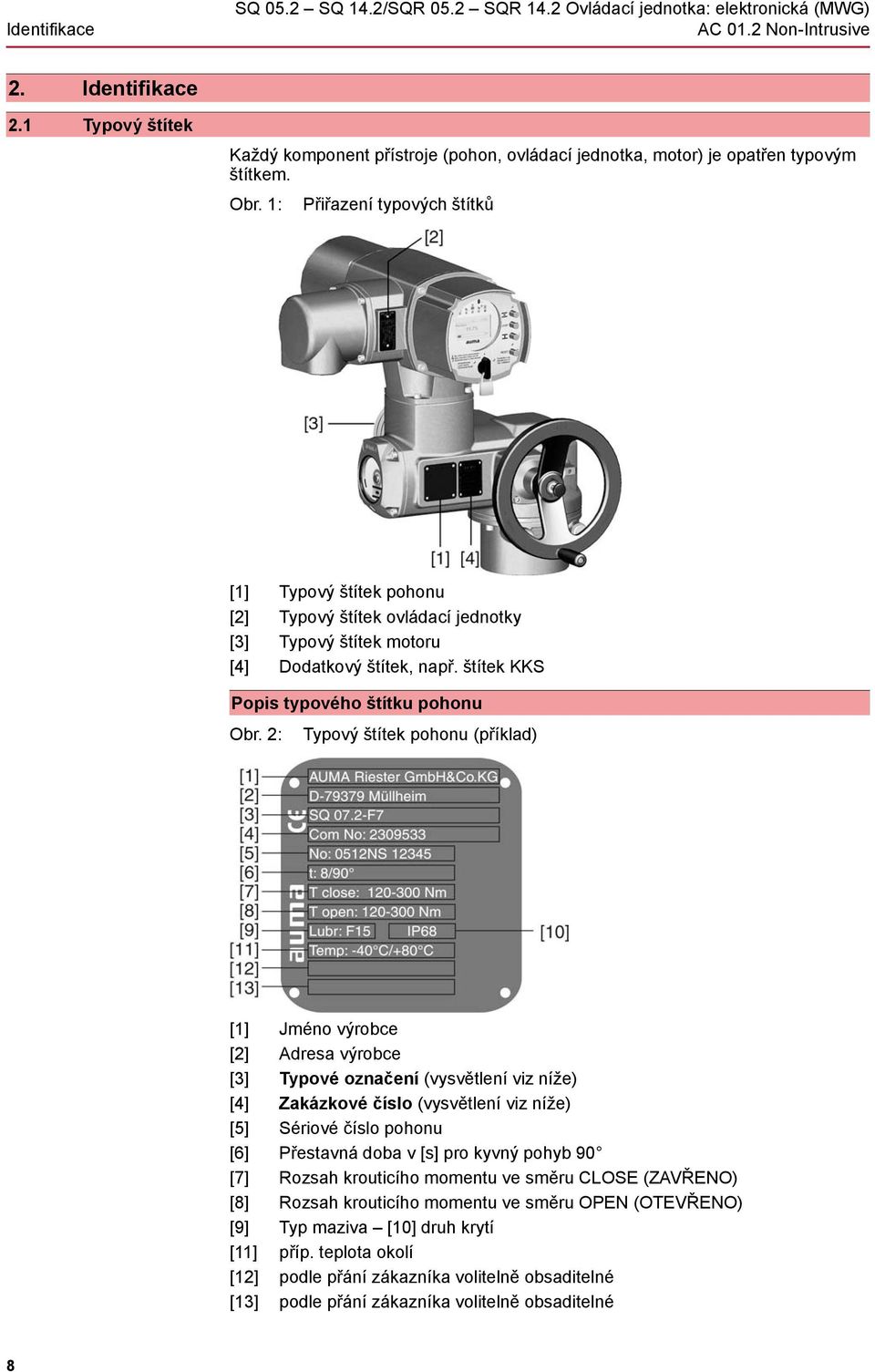 1: Přiřazení typových štítků [1] Typový štítek pohonu [2] Typový štítek ovládací jednotky [3] Typový štítek motoru [4] Dodatkový štítek, např. štítek KKS Popis typového štítku pohonu Obr.