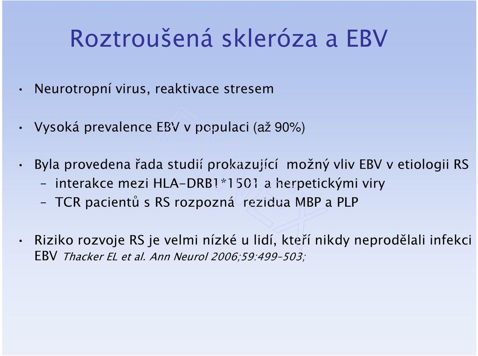 HLA-DRB1*1501 a herpetickými viry TCR pacientů s RS rozpozná rezidua MBP a PLP Riziko rozvoje RS