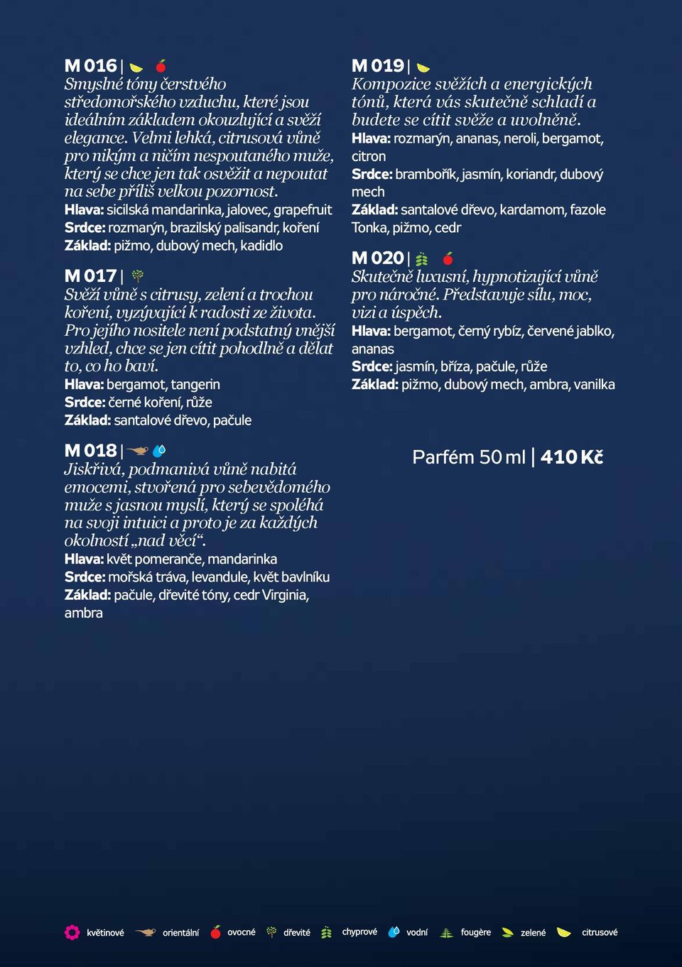 Hlava: sicilská mandarinka, jalovec, grapefruit Srdce: rozmarýn, brazilský palisandr, koření Základ: pižmo, dubový mech, kadidlo M 017 Svěží vůně s citrusy, zelení a trochou koření, vyzývající k
