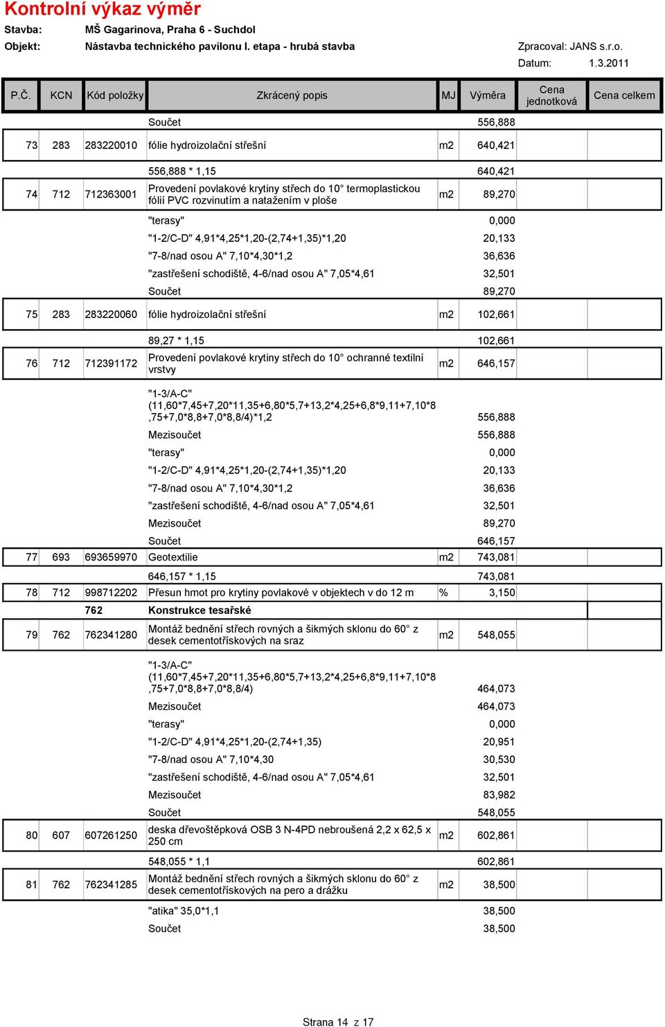 ermoplasickou 74 712 712363001 m2 89,270 fólií PVC rozvinuím a naažením v ploše "erasy" "1-2/C-D" 4,91*4,25*1,20-(2,74+1,35)*1,20 20,133 "7-8/nad osou A" 7,10*4,30*1,2 36,636 "zasřešení schodišě,