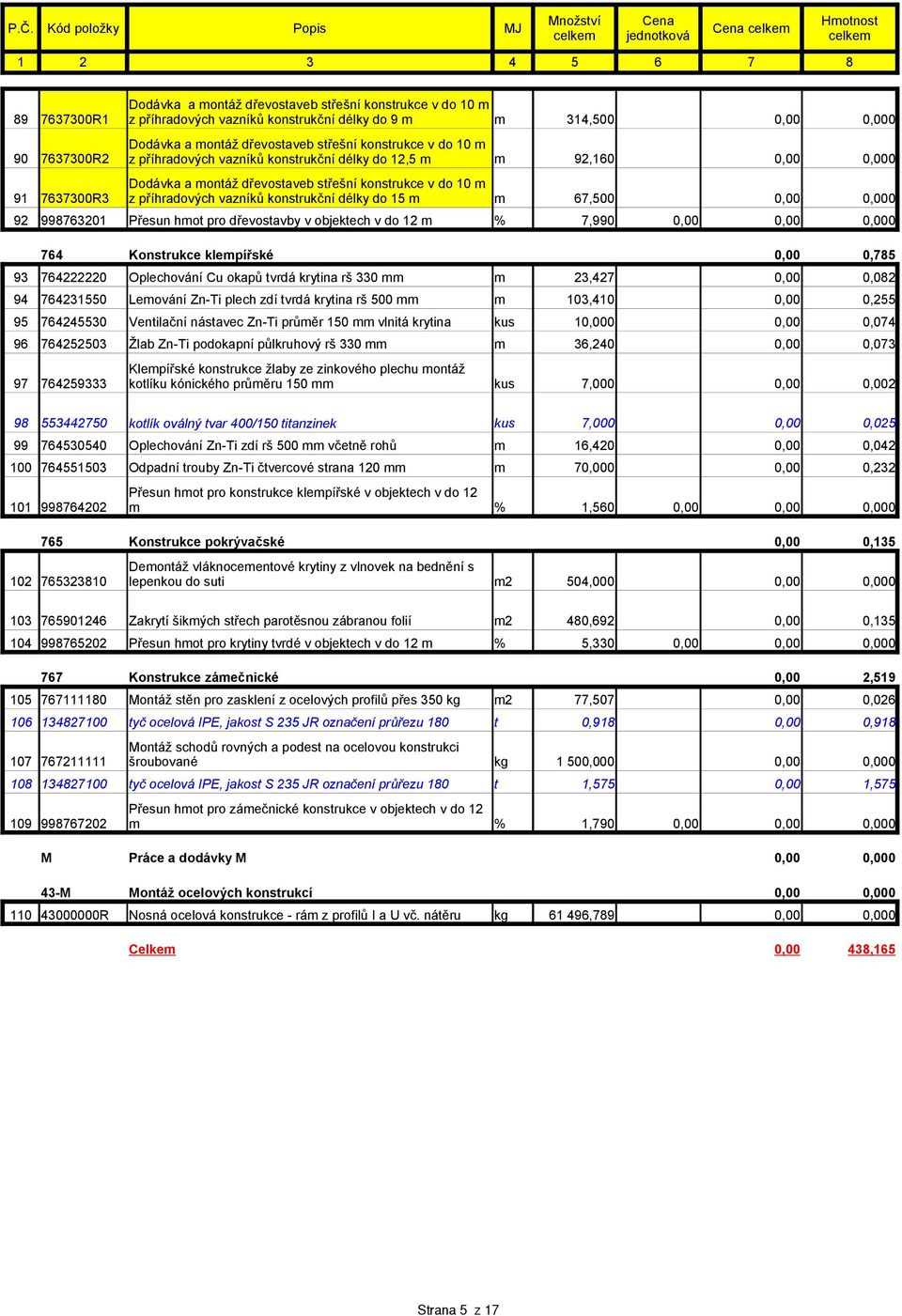 konsrukce v do 10 m 91 7637300R3 z příhradových vazníků konsrukční délky do 15 m m 67,500 0,00 92 998763201 Přesun hmo pro dřevosavby v objekech v do 12 m % 7,990 0,00 0,00 764 Konsrukce klempířské