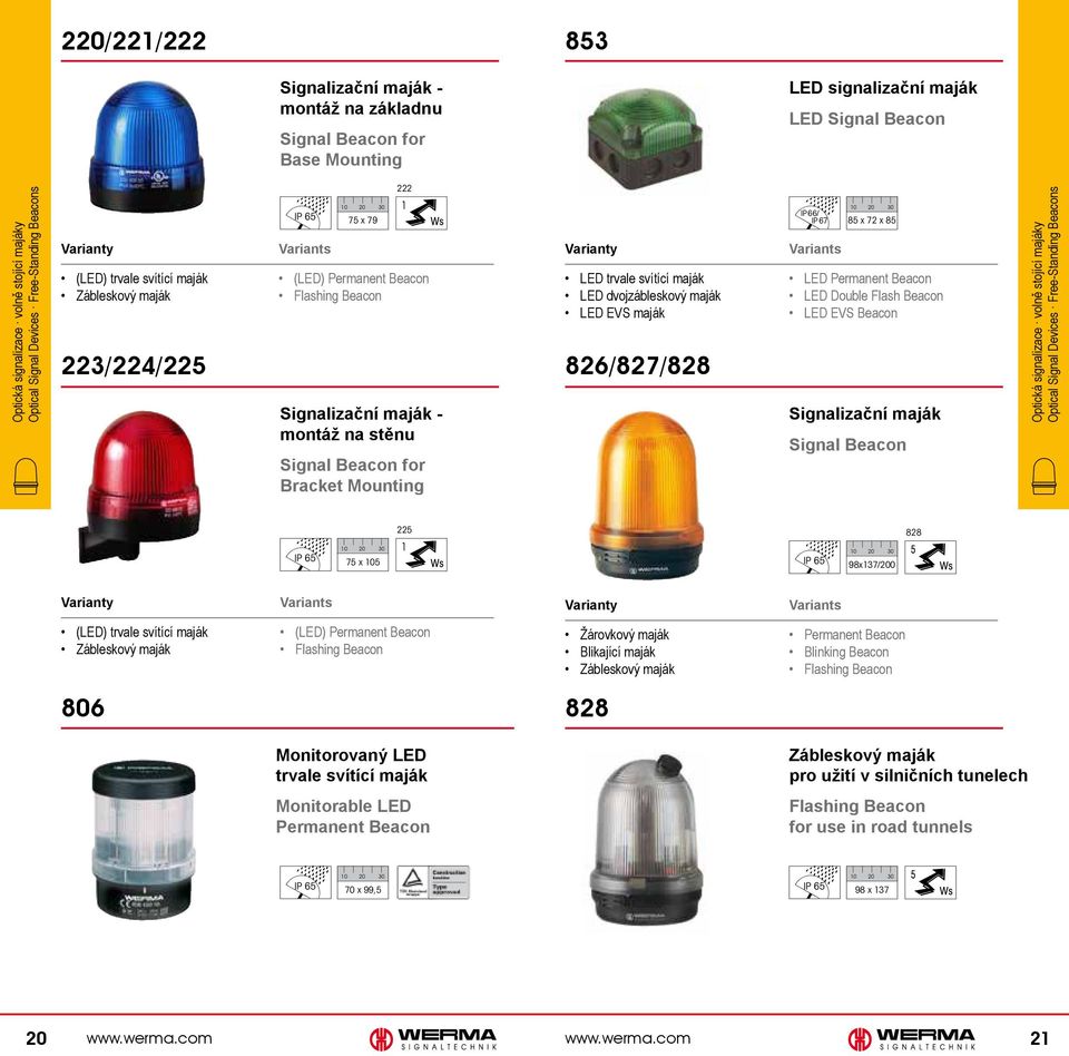 Mounting LED trvale svítící maják LED dvojzábleskový maják LED EVS maják 826/827/828 IP 66/ IP 67 85 x 72 x 85 LED Permanent Beacon LED Double Flash Beacon LED EVS Beacon Signalizační maják Signal