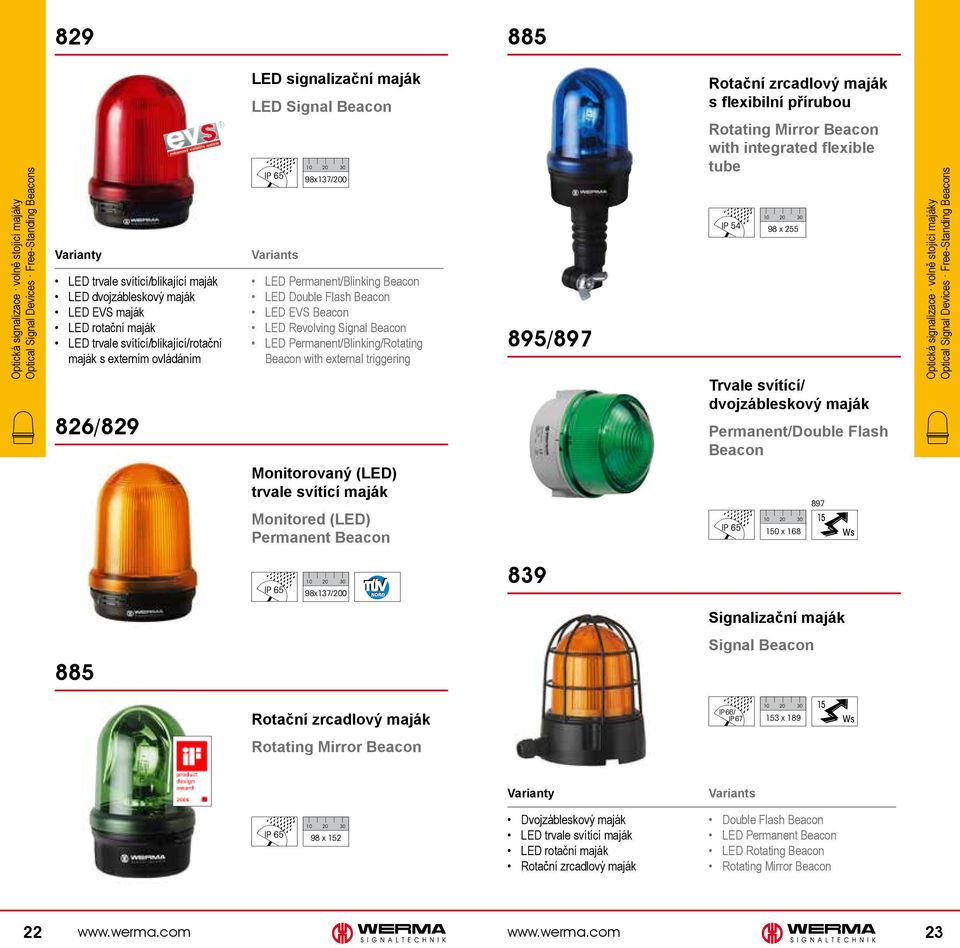 Signal Beacon LED Permanent/Blinking/Rotating Beacon with external triggering 895/897 Rotační zrcadlový maják s flexibilní přírubou Rotating Mirror Beacon with integrated flexible tube IP 54 98 x 255