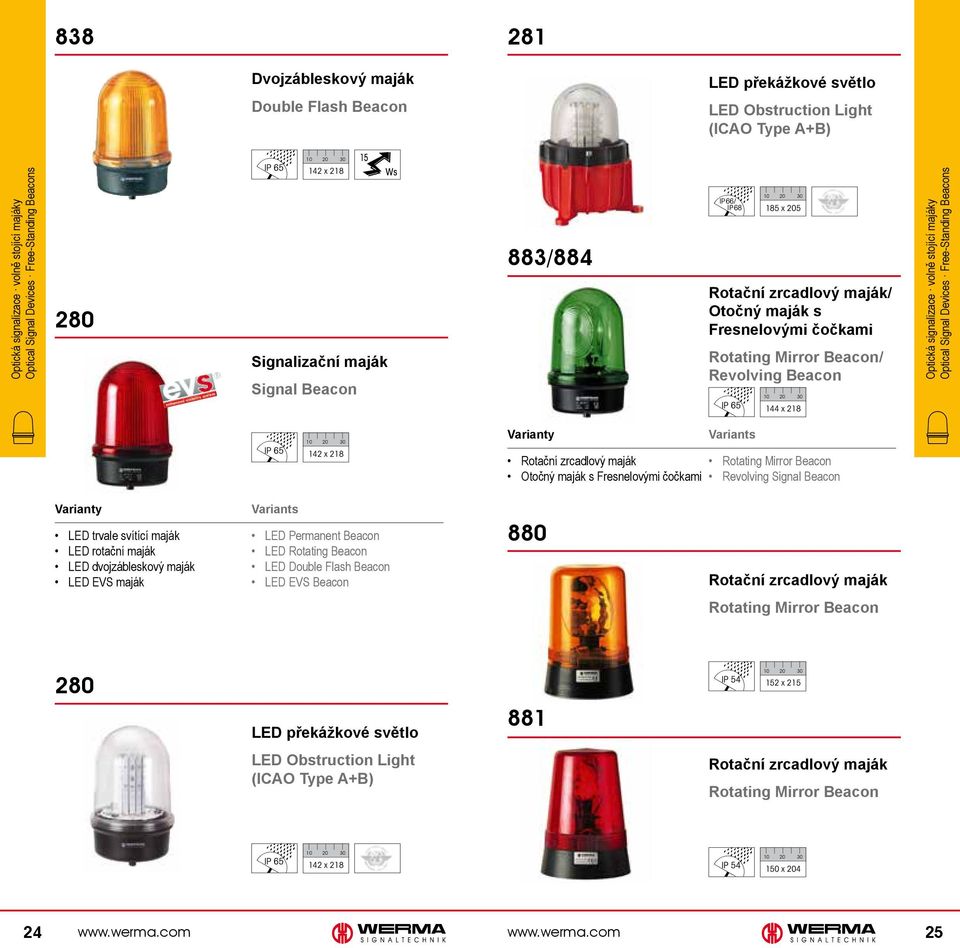 signalizace volně stojící majáky Optical Signal Devices Free-Standing Beacons 42 x 28 Rotační zrcadlový maják Rotating Mirror Beacon Otočný maják s Fresnelovými čočkami Revolving Signal Beacon LED