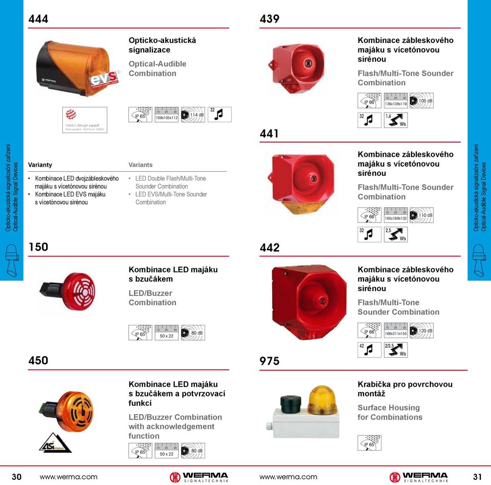 Flash/Multi-Tone Sounder Combination LED EVS/Multi-Tone Sounder Combination 442 Kombinace zábleskového majáku s vícetónovou sirénou Flash/Multi-Tone Sounder Combination 32 IP 66 65x69x32 2,5 0 db