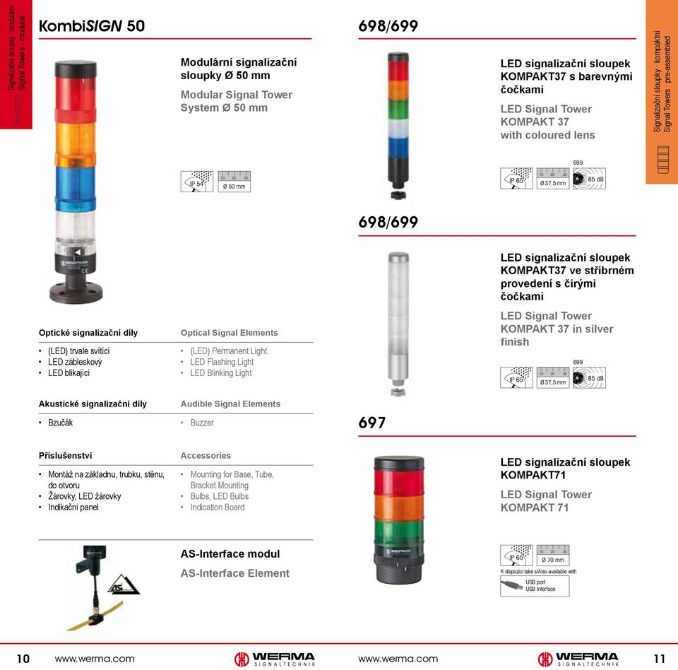 svítící LED zábleskový LED blikající Optical Signal Elements (LED) Permanent Light LED Flashing Light LED Blinking Light LED signalizační sloupek KOMPAKT37 ve stříbrném provedení s čirými čočkami LED