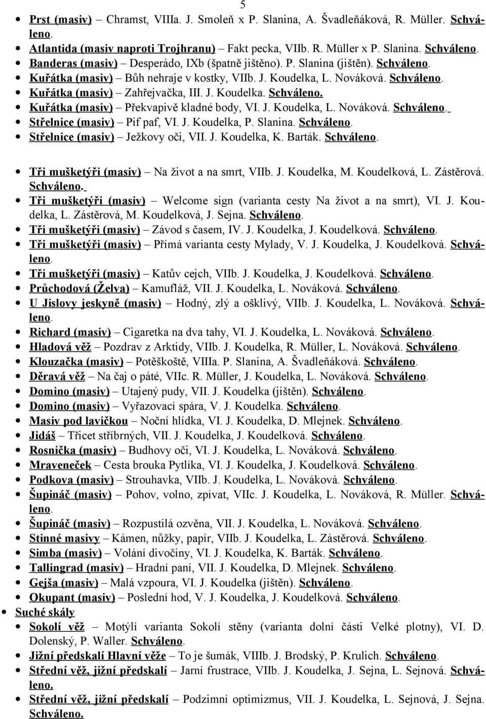 J. Koudelka, P. Slanina. Střelnice (masiv) Ježkovy oči, VII. J. Koudelka, K. Barták. Tři mušketýři (masiv) Na život a na smrt, VIIb. J. Koudelka, M. Koudelková, L. Zástěrová.