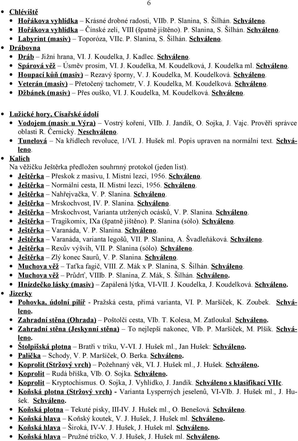 J. Koudelka, M. Koudelková. Džbánek (masiv) Přes ouško, VI. J. Koudelka, M. Koudelková. Lužické hory, Císařské údolí Vodojem (masiv u Výra) Vostrý koření, VIIb. J. Jandík, O. Sojka, J. Vajc.