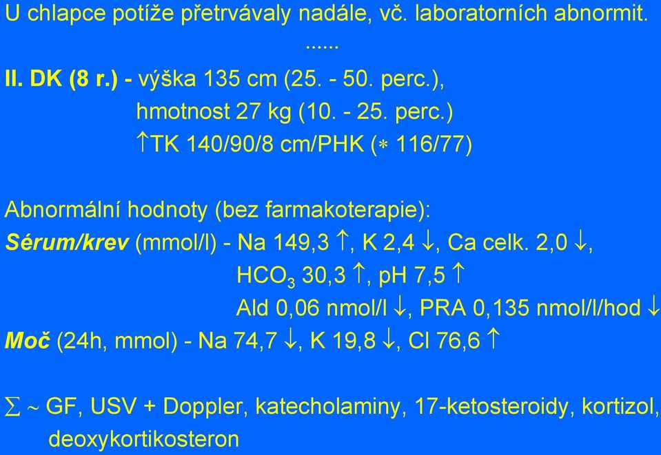 ) TK 140/90/8 cm/phk ( 116/77) Abnormální hodnoty (bez farmakoterapie): Sérum/krev (mmol/l) - Na 149,3, K 2,4,