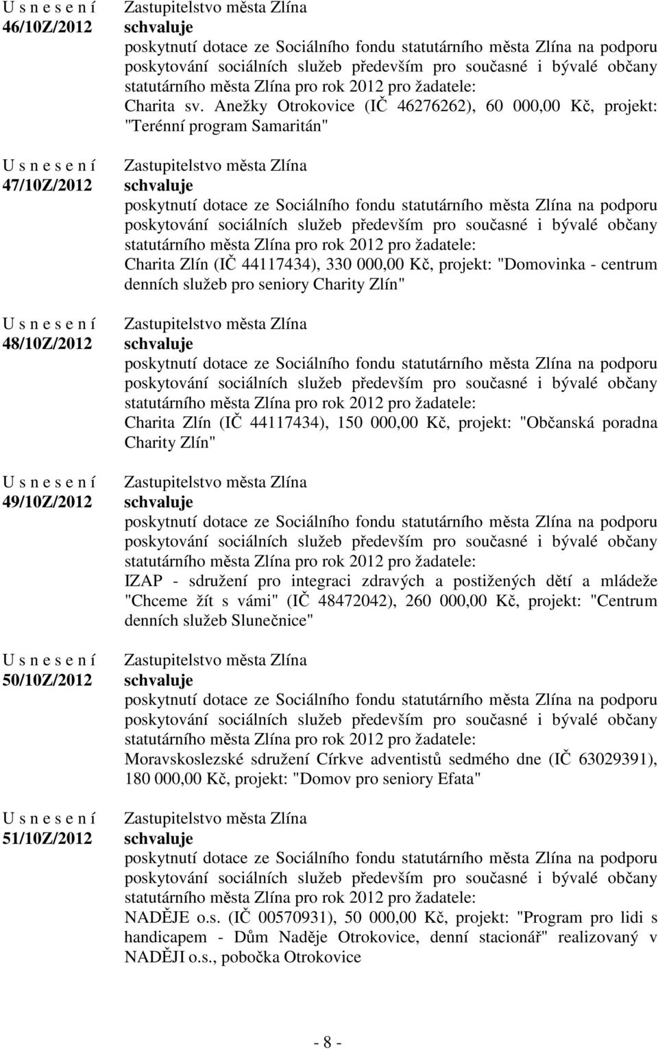 Charita Zlín (IČ 44117434), 150 000,00 Kč, projekt: "Občanská poradna Charity Zlín" IZAP - sdružení pro integraci zdravých a postižených dětí a mládeže "Chceme žít s vámi" (IČ 48472042), 260 000,00