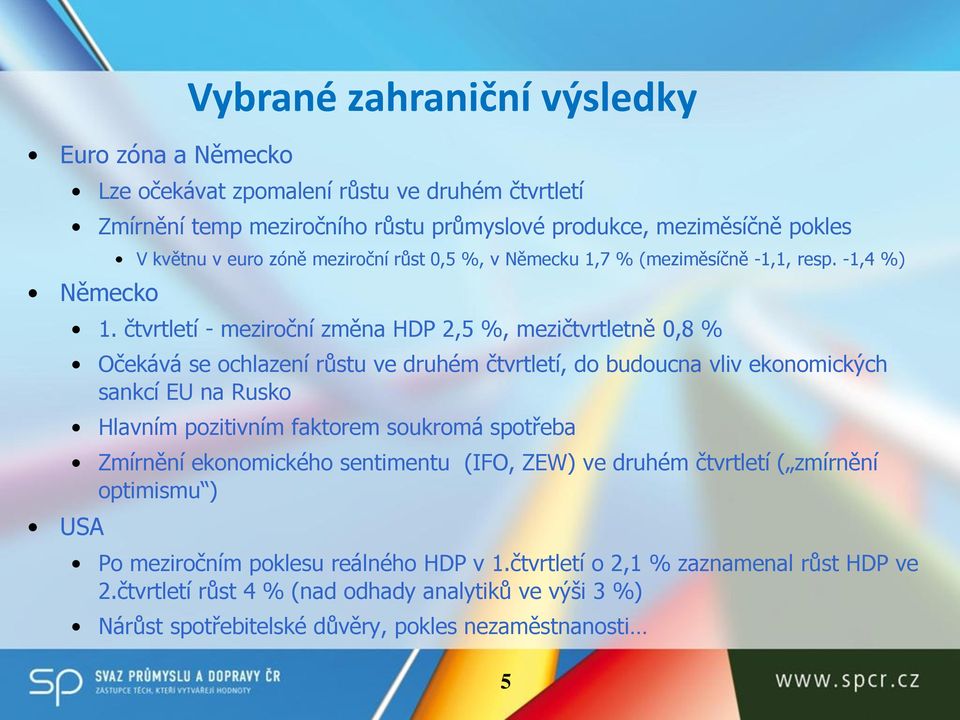 - meziroční změna HDP 2,5 %, mezičtvrtletně 0,8 % Očekává se ochlazení růstu ve druhém, do budoucna vliv ekonomických sankcí EU na Rusko Hlavním pozitivním faktorem soukromá