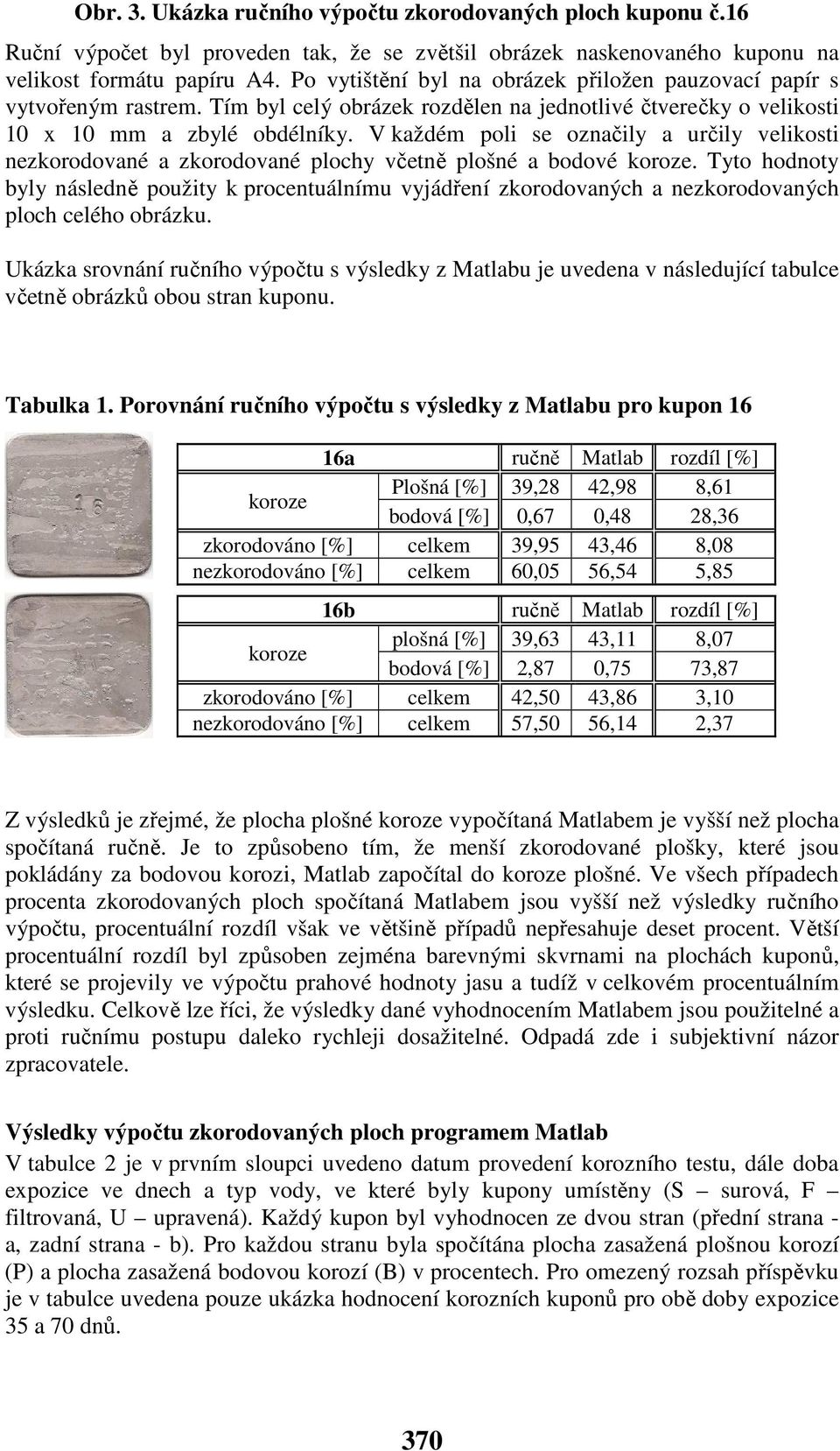 V každém poli se označily a určily velikosti nezkorodované a zkorodované plochy včetně plošné a bodové koroze.