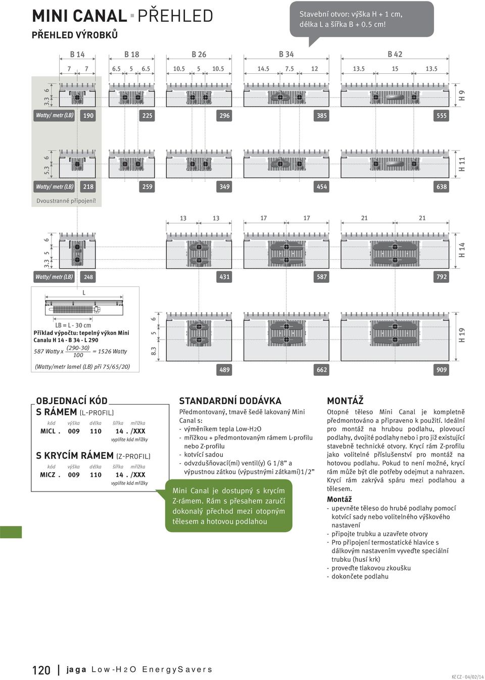 259 349 454 638 13 13 17 17 21 21 H11 H14 Watty/ metr (L) 248 431 587 792 L L = L - 30 cm Příklad výpočtu: tepelný výkon Mini Canalu H 14-34 - L 290 (290-30) 587 Watty x = 1526 Watty 100 8.