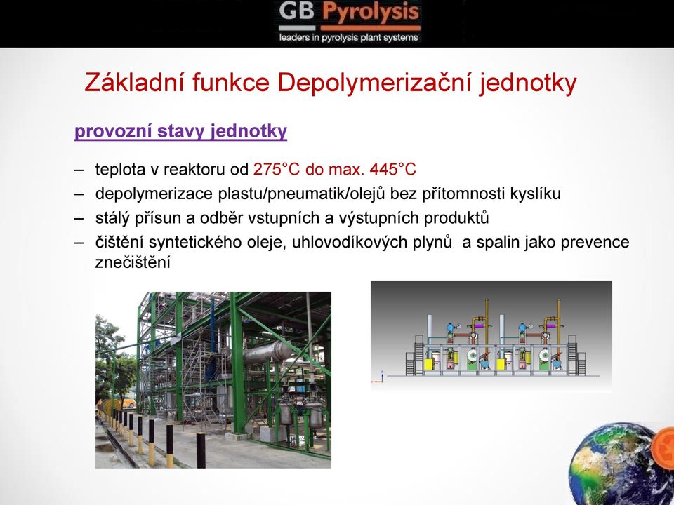 445 C depolymerizace plastu/pneumatik/olejů bez přítomnosti kyslíku stálý