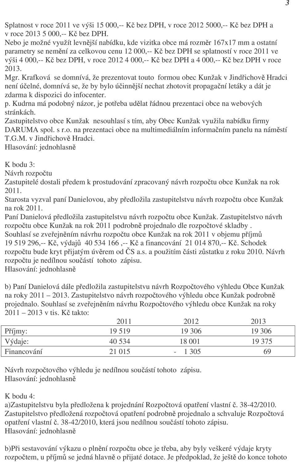 v roce 2012 4 000,-- Kč bez DPH a 4 000,-- Kč bez DPH v roce 2013. Mgr.