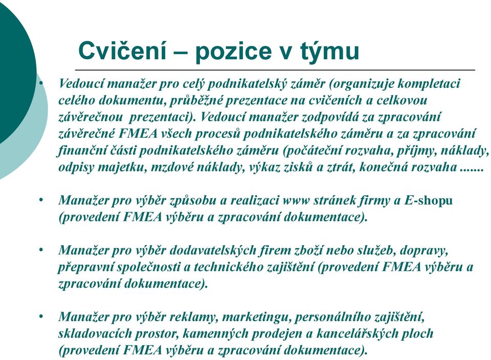 mzdové náklady, výkaz zisků a ztrát, konečná rozvaha... Manažer pro výběr způsobu a realizaci www stránek firmy a E-shopu (provedení FMEA výběru a zpracování dokumentace).