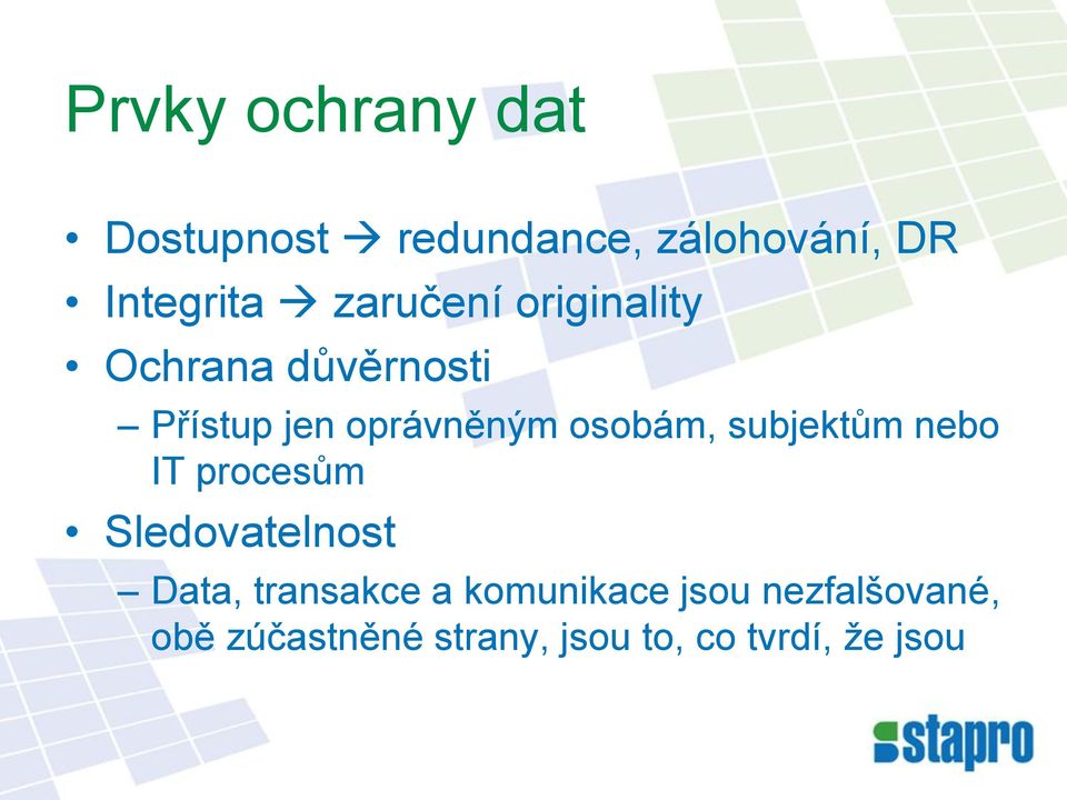 osobám, subjektům nebo IT procesům Sledovatelnost Data, transakce a