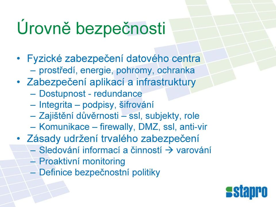 Zajištění důvěrnosti ssl, subjekty, role Komunikace firewally, DMZ, ssl, anti-vir Zásady udržení