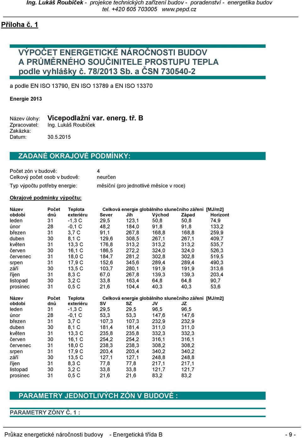 0-2 a podle EN ISO 13790, EN ISO 13789 a EN ISO 13370 Energie 2013 Vícepodlažní var. energ. tř. B Název úlohy: Zpracovatel: Ing. Lukáš Roubíček Zakázka: Datum: 30.5.