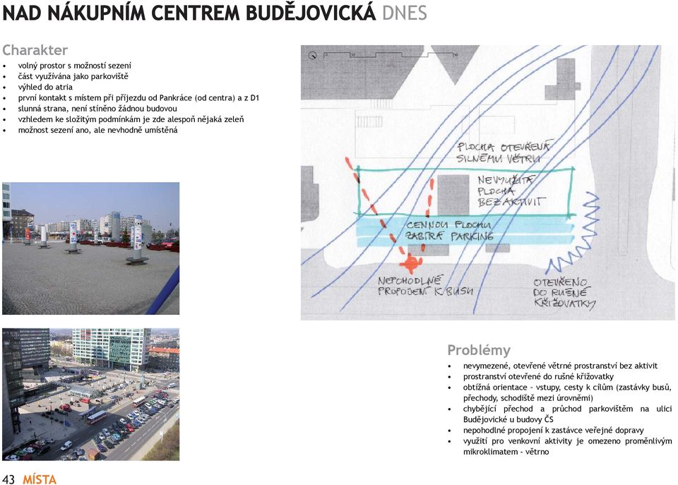 prostranství bez aktivit prostranství otevřené do rušné křižovatky obtížná orientace vstupy, cesty k cílům (zastávky busů, přechody, schodiště mezi úrovněmi) chybějící přechod a