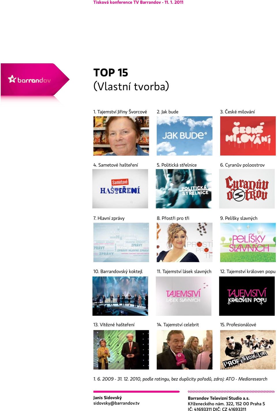 Tajemství královen popu 13. Vítězné hašteření 14. Tajemství celebrit 15. Profesionálové 1. 6. 2009-31. 12.