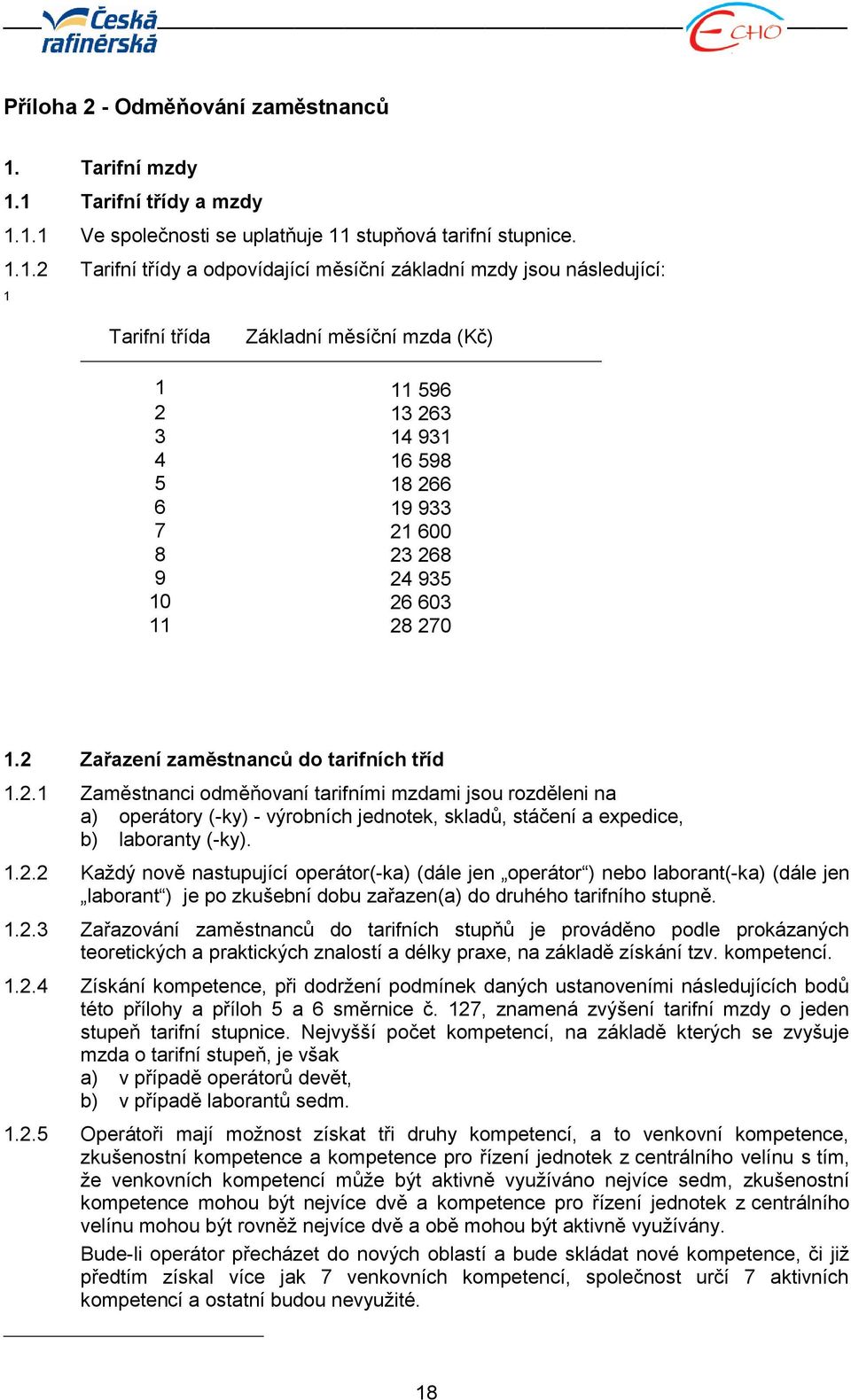 1 Tarifní třídy a mzdy 1.1.1 Ve společnosti se uplatňuje 11 stupňová tarifní stupnice. 1.1.2 Tarifní třídy a odpovídající měsíční základní mzdy jsou následující: 1 Tarifní třída Základní měsíční mzda
