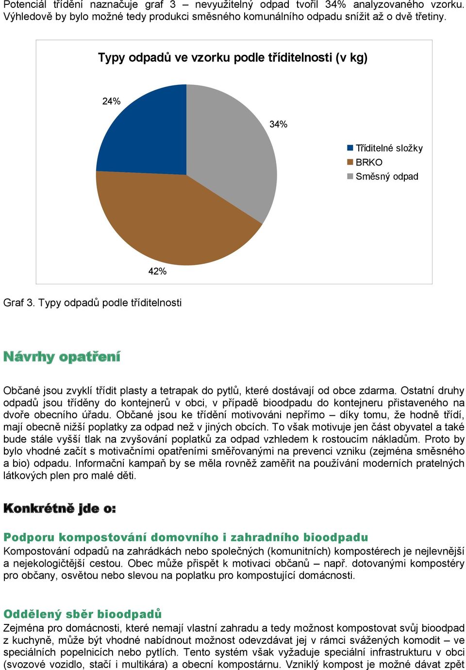 Typy odpadů podle tříditelnosti Návrhy opatření Občané jsou zvyklí třídit plasty a tetrapak do pytlů, které dostávají od obce zdarma.