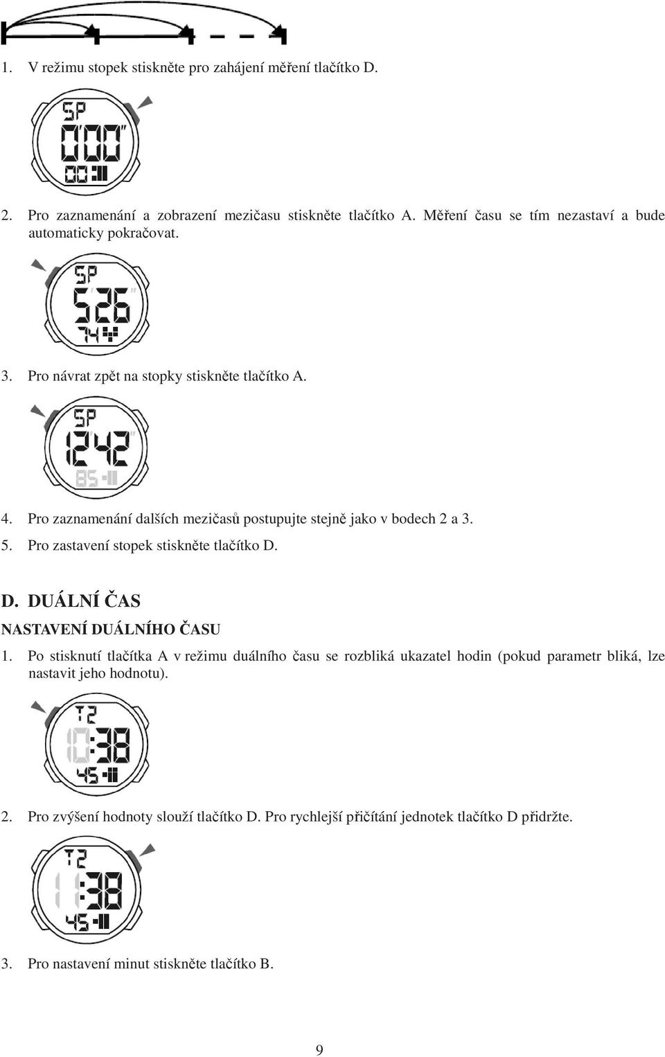 Pro zaznamenání dalších mezičasů postupujte stejně jako v bodech 2 a 3. 5. Pro zastavení stopek stiskněte tlačítko D. D. DUÁLNÍ ČAS NASTAVENÍ DUÁLNÍHO ČASU 1.