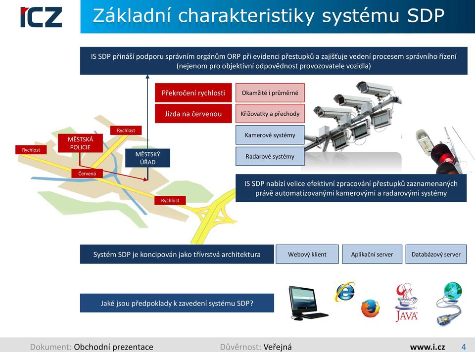 systémy Radarové systémy Červená Rychlost IS SDP nabízí velice efektivní zpracování přestupků zaznamenaných právě automatizovanými kamerovými a radarovými systémy Systém SDP je