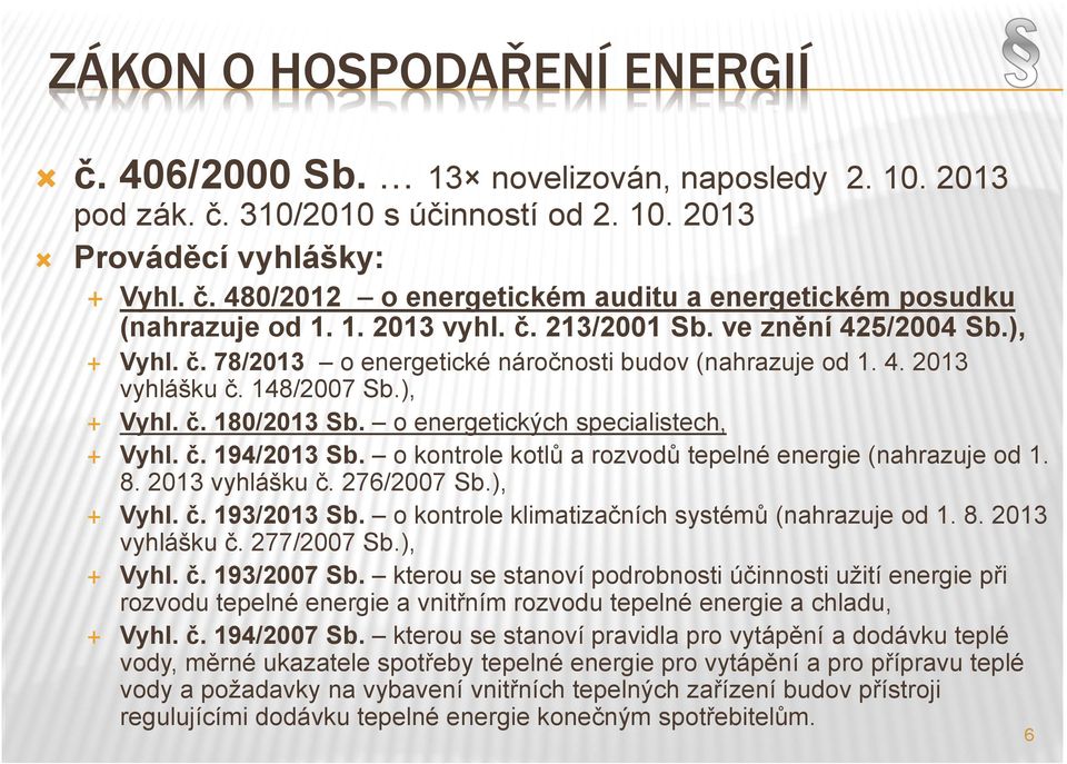 o energetických specialistech, Vyhl. č. 194/2013 Sb. o kontrole kotlů a rozvodů tepelné energie (nahrazuje od 1. 8. 2013 vyhlášku č. 276/2007 Sb.), Vyhl. č. 193/2013 Sb.