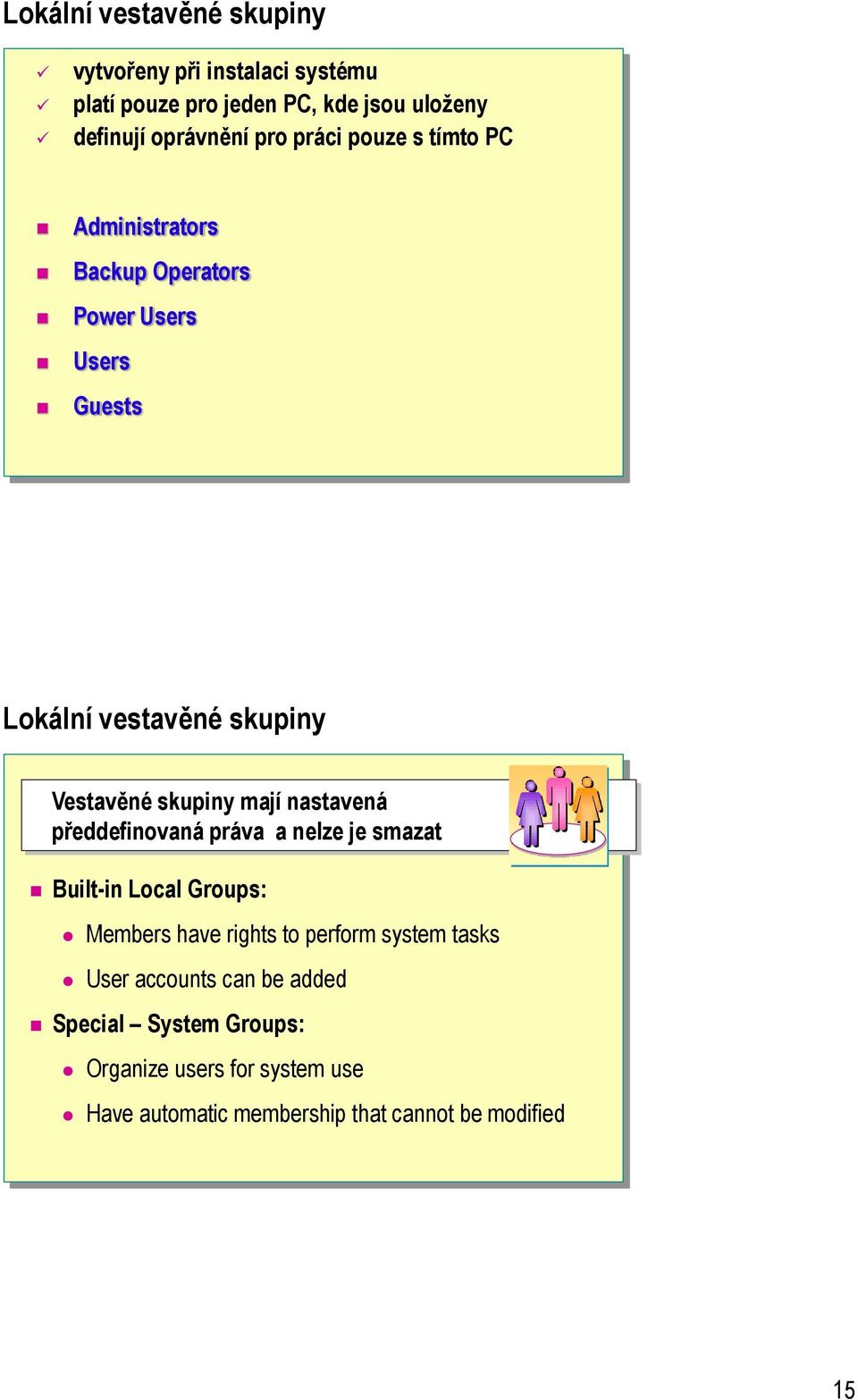 mají nastavená předdefinovaná práva a nelze je smazat Built-in Local Groups: Members have rights to perform system tasks