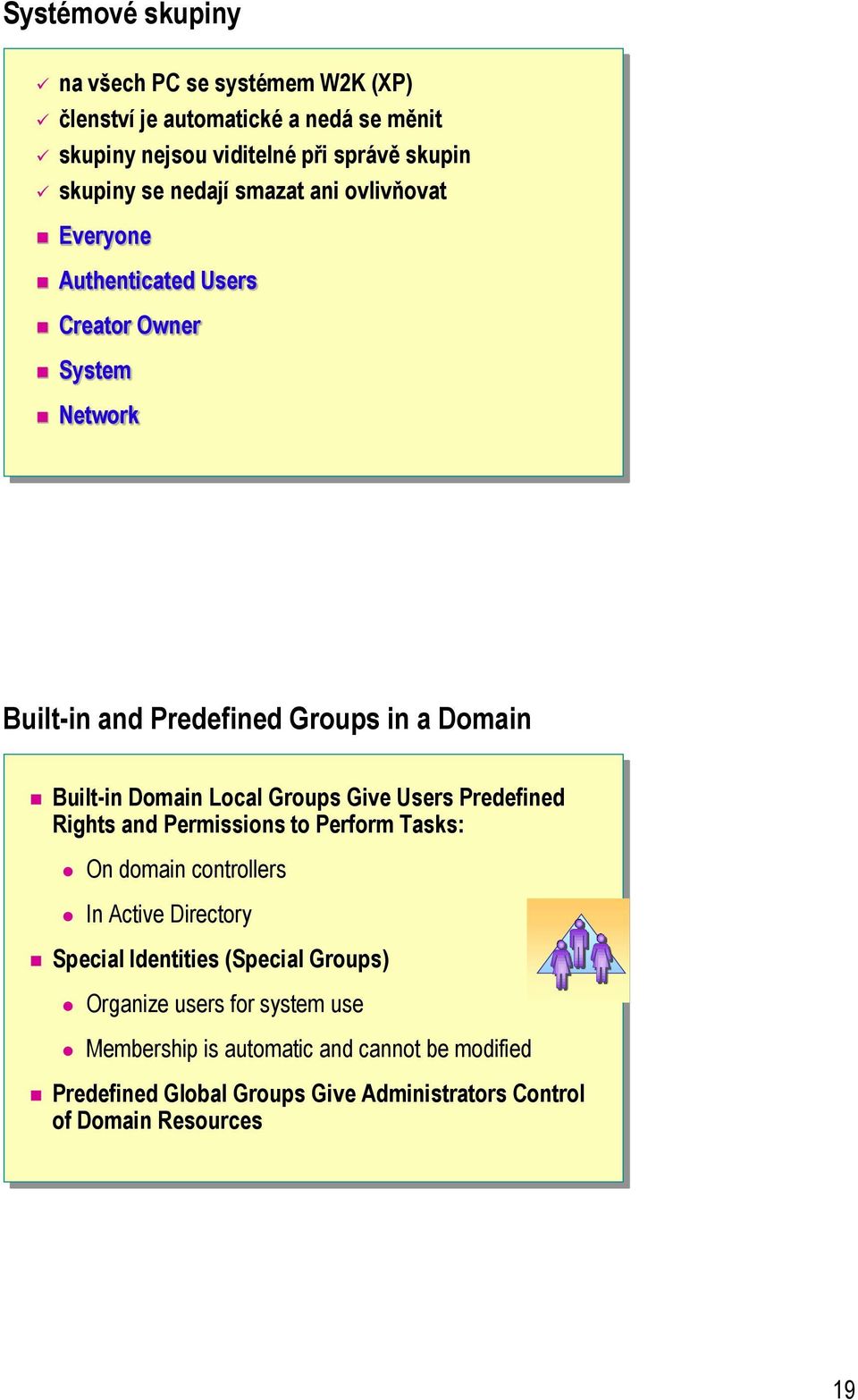Groups Give s Predefined Rights and Permissions to Perform Tasks: On domain controllers In Active Directory Special Identities (Special Groups)