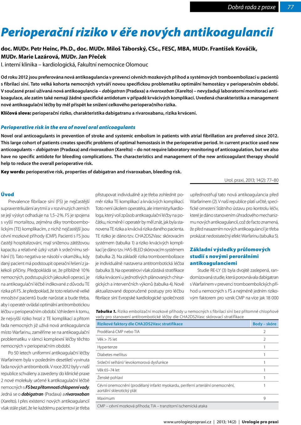 interní klinika kardiologická, Fakultní nemocnice Olomouc Od roku 2012 jsou preferována nová antikoagulancia v prevenci cévních mozkových příhod a systémových tromboembolizací u pacientů s fibrilací