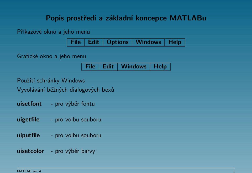 schránky Windows Vyvolávání běžných dialogových boxů uisetfont uigetfile uiputfile