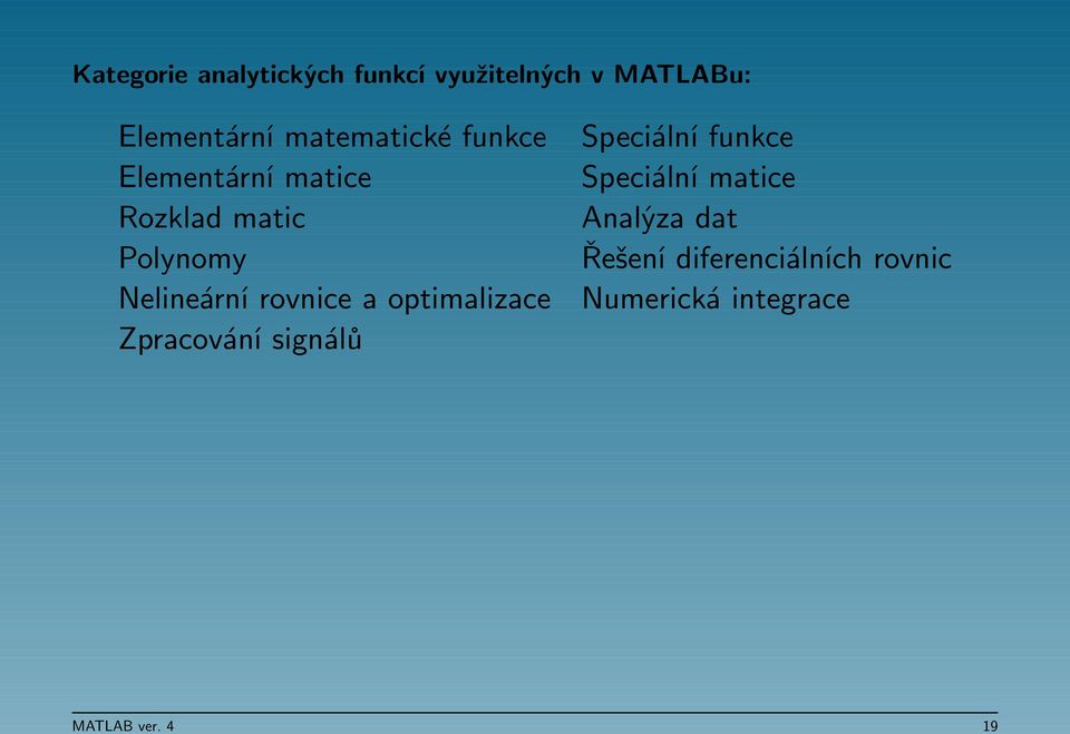 rovnice a optimalizace Zpracování signálů Speciální funkce Speciální