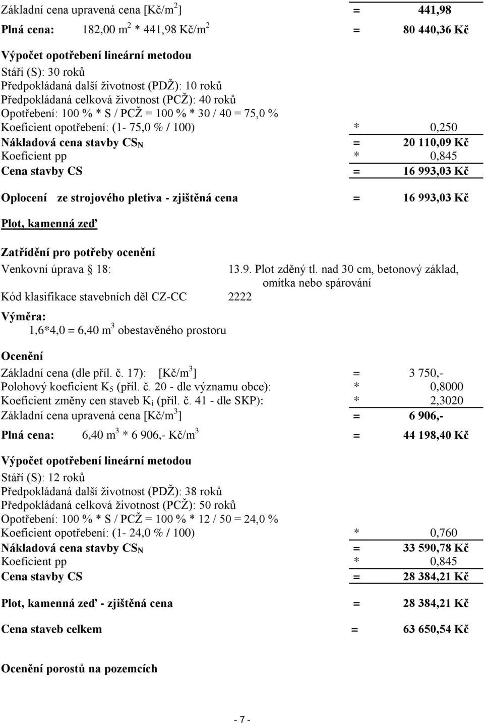 Koeficient pp * 0,845 Cena stavby CS = 16 993,03 Kč Oplocení ze strojového pletiva - zjištěná cena = 16 993,03 Kč Plot, kamenná zeď Zatřídění pro potřeby ocenění Venkovní úprava 18: Kód klasifikace