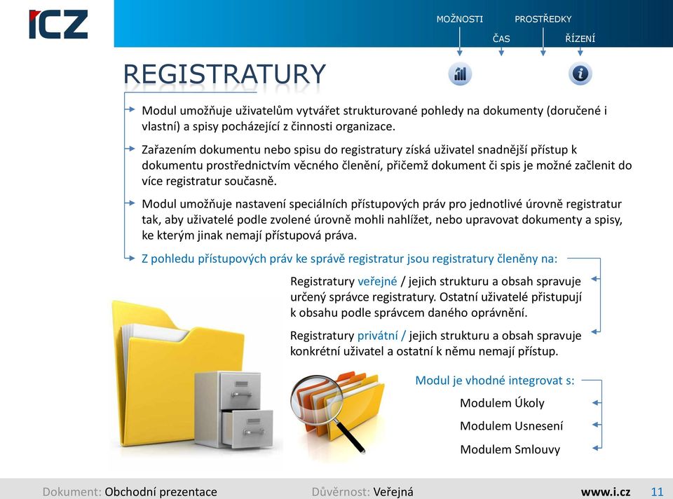 Modul umožňuje nastavení speciálních přístupových práv pro jednotlivé úrovně registratur tak, aby uživatelé podle zvolené úrovně mohli nahlížet, nebo upravovat dokumenty a spisy, ke kterým jinak