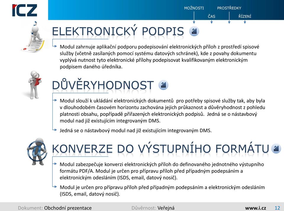 DŮVĚRYHODNOST Modul slouží k ukládání elektronických dokumentů pro potřeby spisové služby tak, aby byla v dlouhodobém časovém horizontu zachována jejich průkaznost a důvěryhodnost z pohledu platnosti