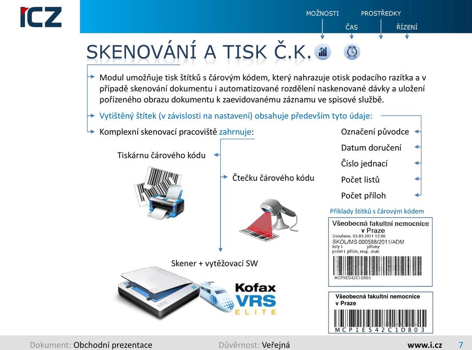 Vytištěný štítek (v závislosti na nastavení) obsahuje především tyto údaje: Komplexní skenovací pracoviště zahrnuje: Tiskárnu čárového kódu Čtečku