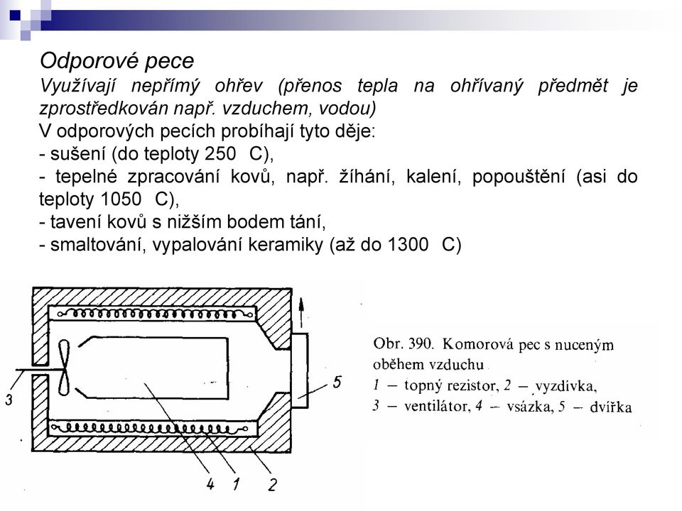 vzduchem, vodou) V odporových pecích probíhají tyto děje: - sušení (do teploty 250 C),