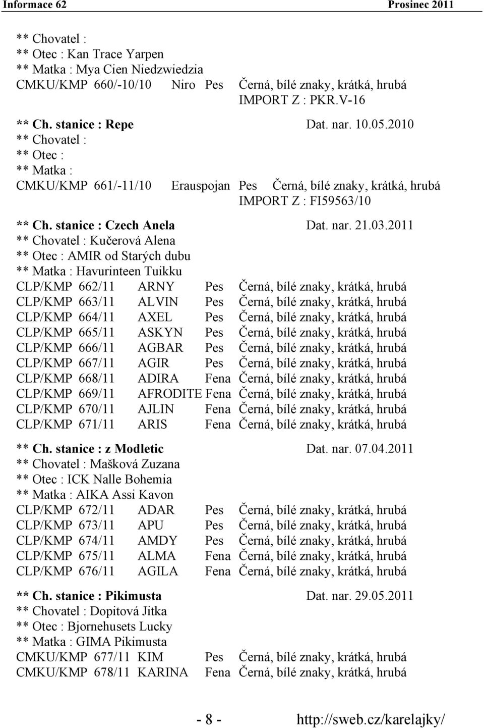 2011 ** Chovatel : Kučerová Alena ** Otec : AMIR od Starých dubu ** Matka : Havurinteen Tuikku CLP/KMP 662/11 ARNY Pes Černá, bílé znaky, krátká, hrubá CLP/KMP 663/11 ALVIN Pes Černá, bílé znaky,
