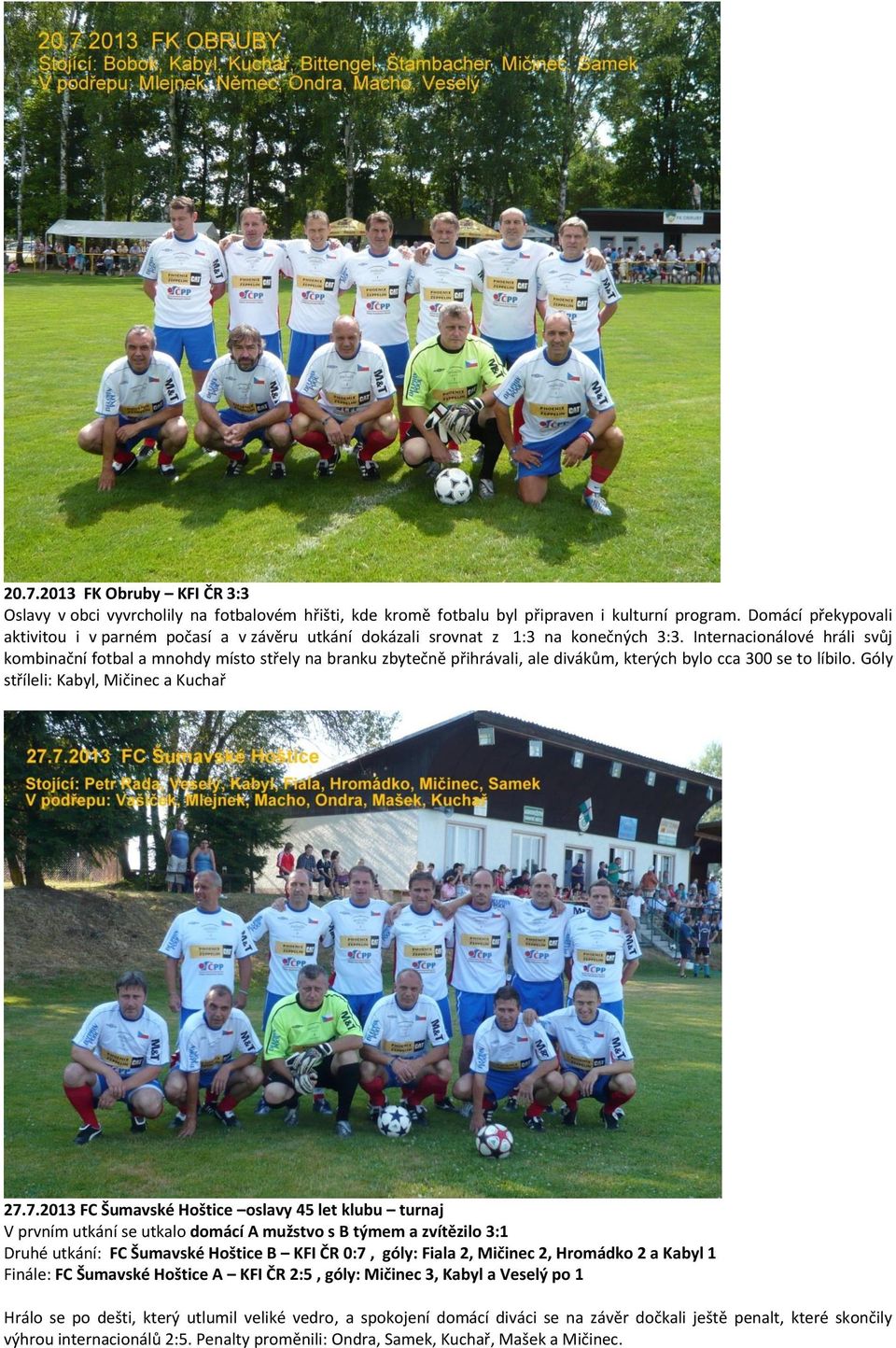 Internacionálové hráli svůj kombinační fotbal a mnohdy místo střely na branku zbytečně přihrávali, ale divákům, kterých bylo cca 300 se to líbilo. Góly stříleli: Kabyl, Mičinec a Kuchař 27.