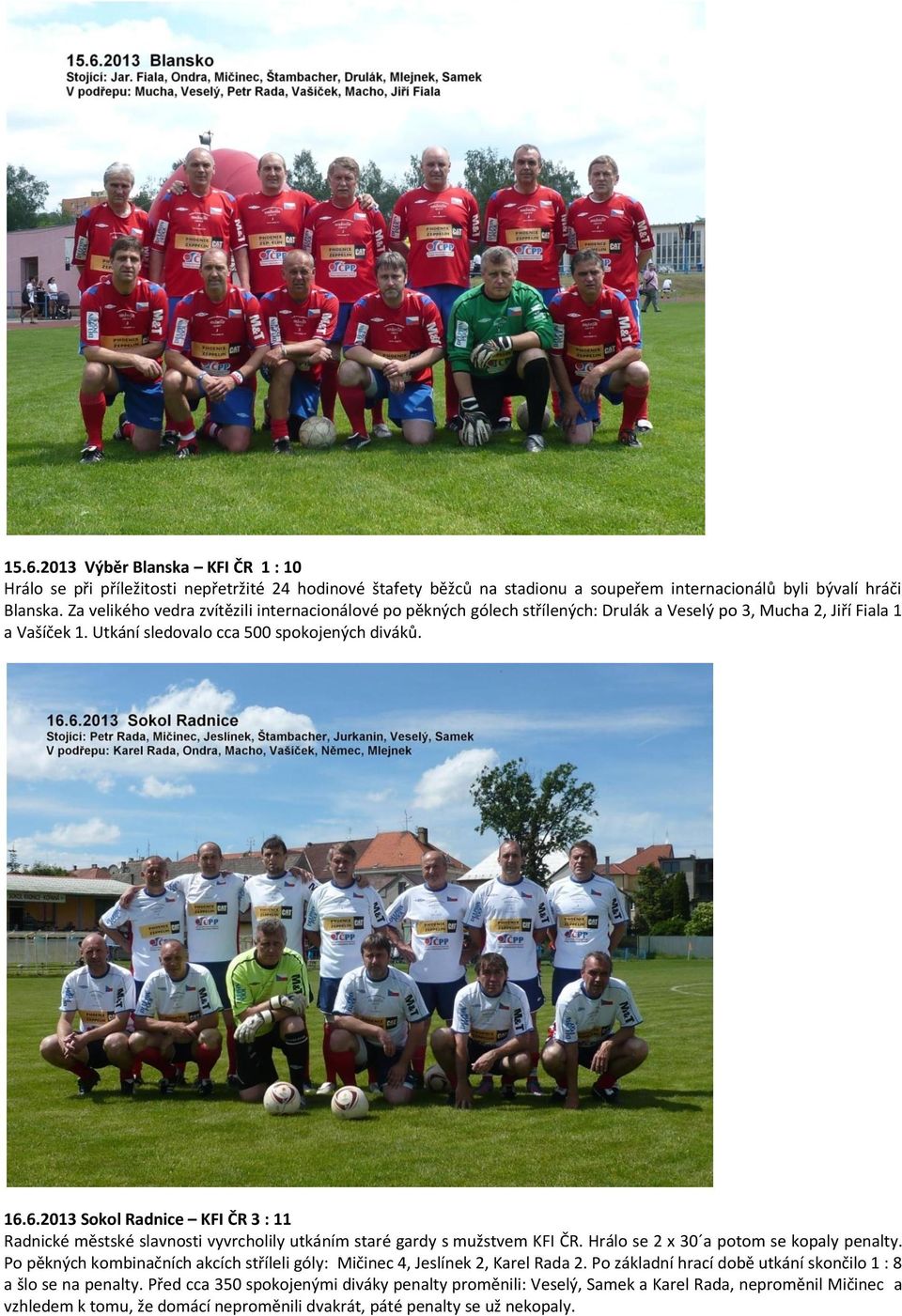 6.2013 Sokol Radnice KFI ČR 3 : 11 Radnické městské slavnosti vyvrcholily utkáním staré gardy s mužstvem KFI ČR. Hrálo se 2 x 30 a potom se kopaly penalty.