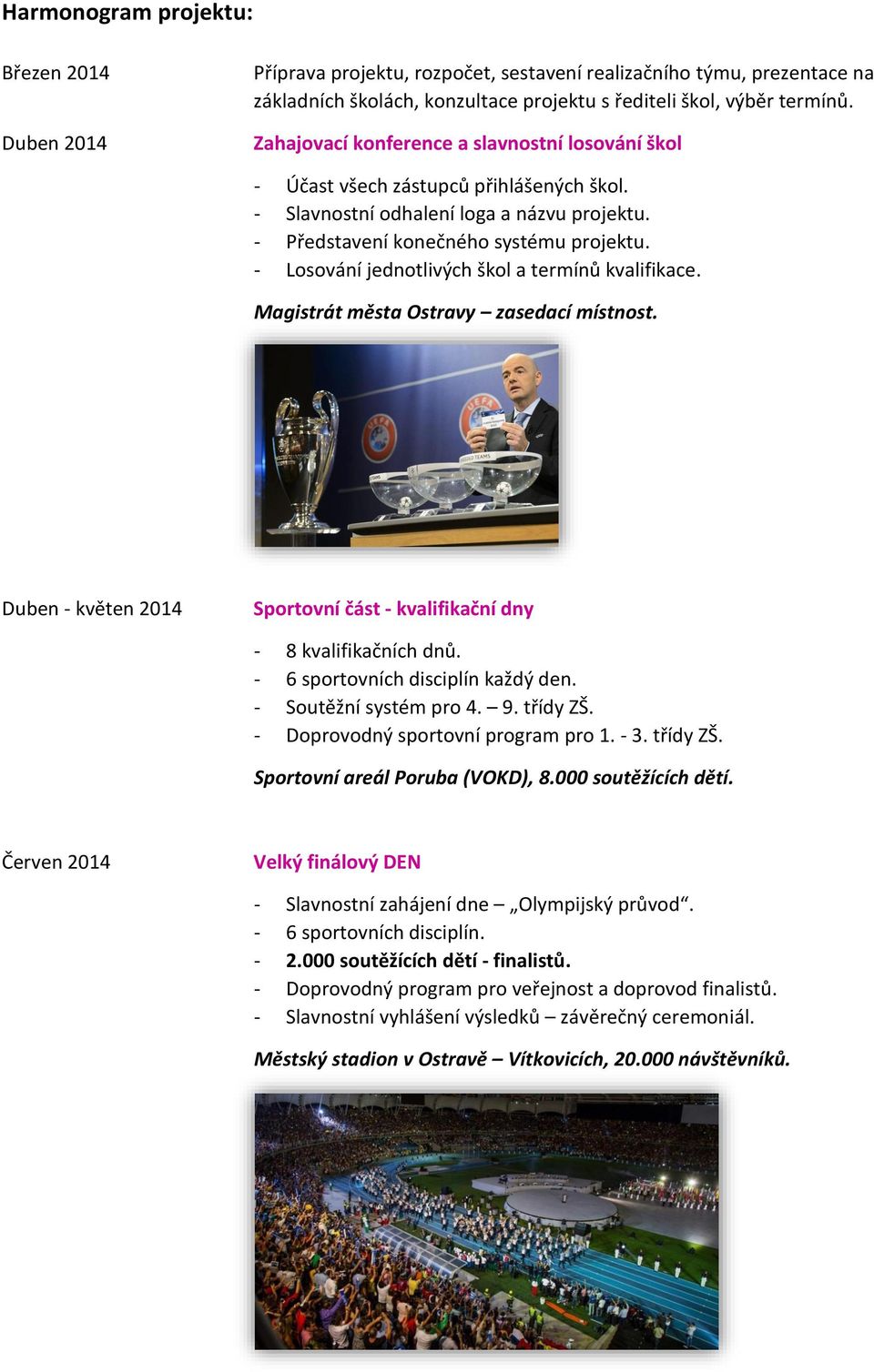 - Losování jednotlivých škol a termínů kvalifikace. Magistrát města Ostravy zasedací místnost. Duben - květen 2014 Sportovní část - kvalifikační dny - 8 kvalifikačních dnů.