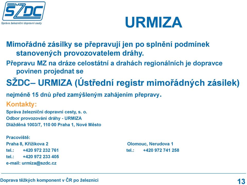 nejméně 15 dnů před zamýšleným zahájením přepravy. Kontakty: Správa železniční dopravní cesty, s. o.